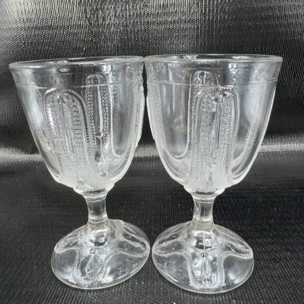 1880s EAPG Adams Glass Curtain Tie‎ Back Goblets Set 2 Manganese 365nm UV Glow